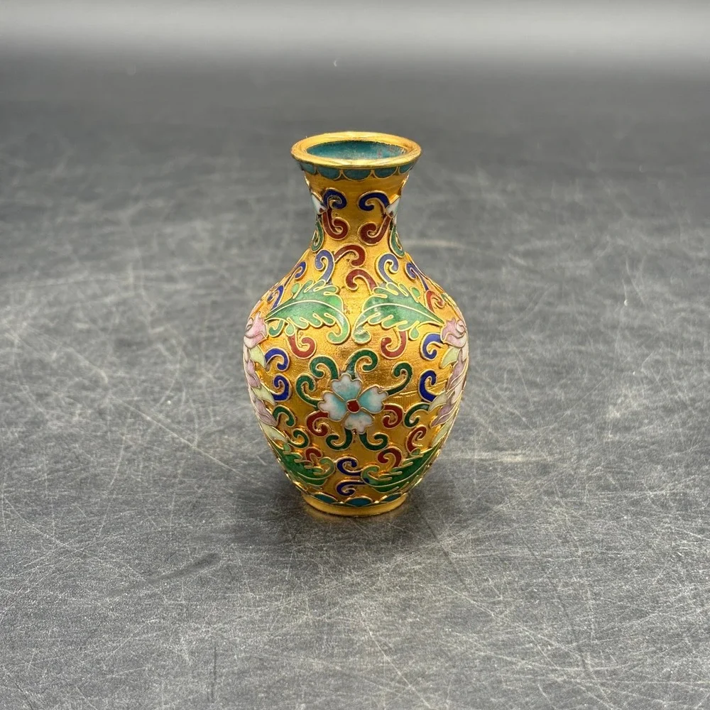 Vintage Miniature Cloisonne Enamel Vase and Egg Set Gold Floral Decor